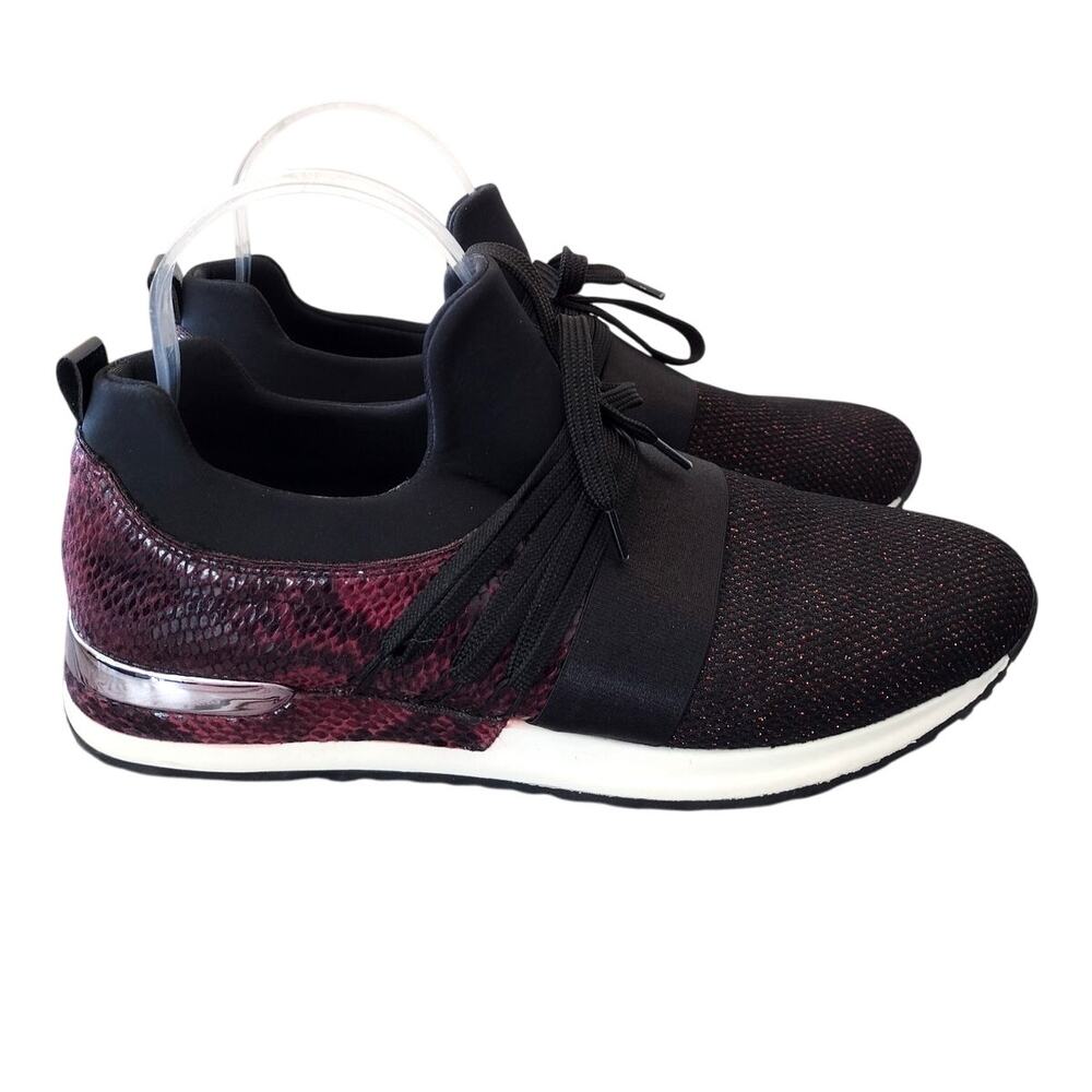 Remonte EUC Dark Cherry Reptile/Black Shimmer Mesh Faux Lace-Up Slip-On Sneakers